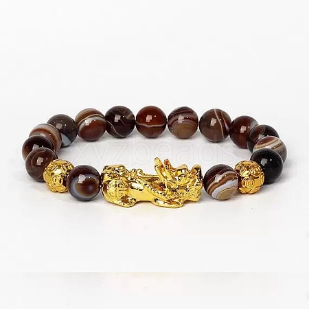 Golden Plated Alloy Pi Xiu 8MM Natural Coffee Banded Agate(Dyed & Heated) Round Beaded Stretch Bracelet for Men QJ0349-4-1
