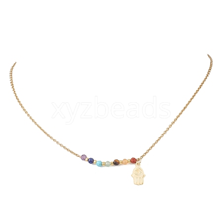 Chakra Natural Gemstone Faceted Round Beaded Pendant 304 Stainless Steel Cable Chain Necklaces NJEW-JN05531-01-1