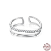 Rhodium Plated 925 Sterling Silver Double Layer Open Cuff Ring with Cubic Zirconia RJEW-F150-57P-2