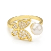 Clear Cubic Zirconia Butterfly with Plastic Pearl Beaded Open Cuff Ring RJEW-C047-05G-2