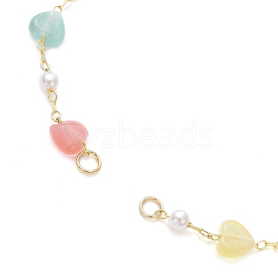 Colorful Cat Eye Heart & Plastic Pearl Beads Brass Chain Bracelet Making AJEW-JB01387-1