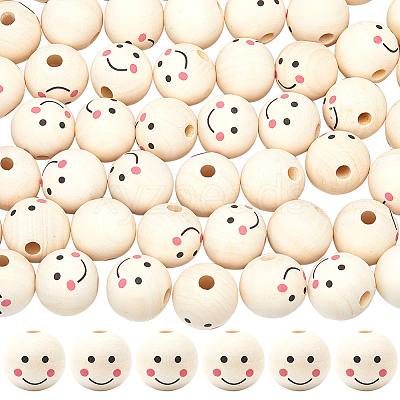 60Pcs Printed Natural Wood European Beads WOOD-GF0002-19B-1