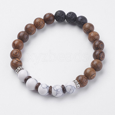 Natural Lava Rock & Wenge Wood Beads & Coconut Stretch Bracelets BJEW-I241-03K-1