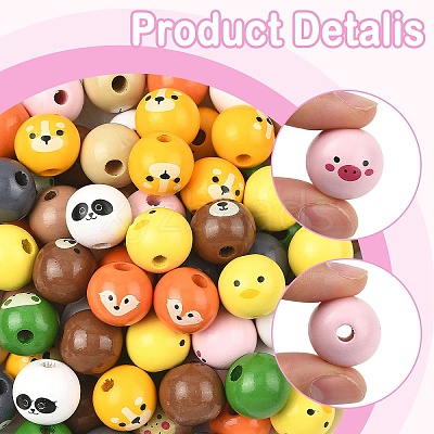 100Pcs 10 Styles Animal Themes Printed Wood European Beads WOOD-YW0001-87-1