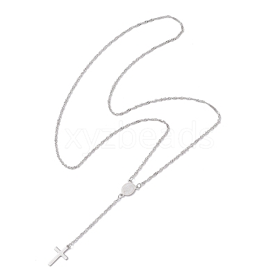 201 Stainless Steel Virgin Cross Pendant 304 Stainless Steel Singapore Chain Rosary Bead Necklaces for Women Men NJEW-JN05436-1