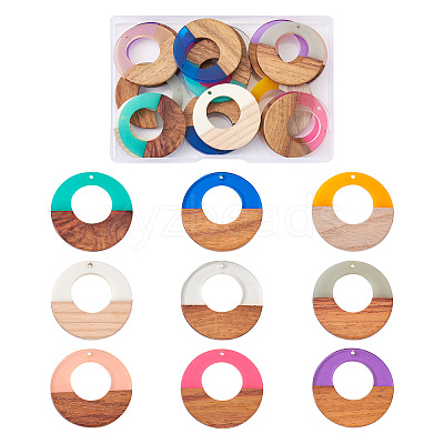 18Pcs 9 Colors Resin & Walnut Wood Pendants RESI-BT0001-07-1