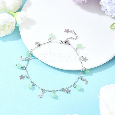 201 Stainless Steel Moon Star & Natural Dyed Malaysia Jade Round Charm Brass Bar Link Chain Anklets AJEW-AN00732-03-1
