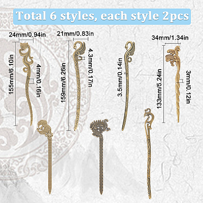 12Pcs 6 Style Fox & Phoenix & Swan & Fish & Dragon Tibetan Style Alloy Bookmarks FIND-SC0006-62-1