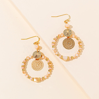 Brass Glass Flat Round with Rondelle Beaded Dangle Earrings FS-WG1FB0A-04-1