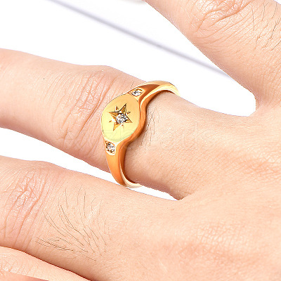 Flat Round with Star Pattern 304 Stainless Steel Micro Pave Clear Cubic Zirconia Finger Rings FS-WG7CEF6-03-1