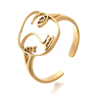 Hollow Human Face 304 Stainless Steel Open Cuff Rings for Women RJEW-M046-03G-1