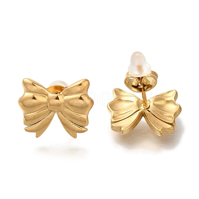304 Stainless Steel Bowknot Stud Earrings EJEW-Z077-01G-1