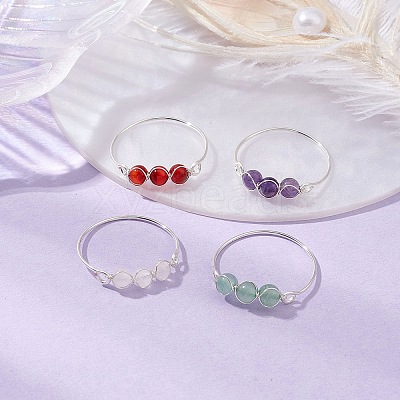 Copper Wire Wrapped Round Natural Amethyst & Rose Quartz & Green Aventurine & Carnelian Bead Rings for Women RJEW-JR00852-01-1
