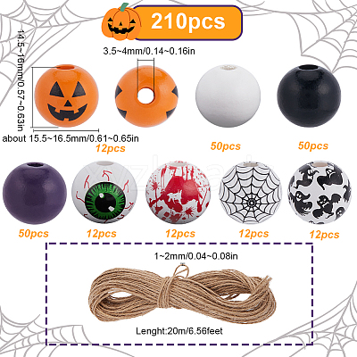 210Pcs 8 Styles Halloween Theme Printed Natural Wooden Beads WOOD-SP0001-07-1