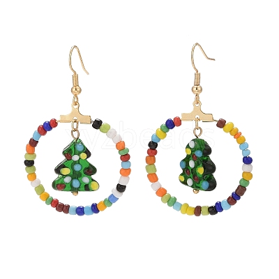 Glass Seed Beaded Ring with Lampwork Christmas Tree Dangle Earrings EJEW-TA00231-1