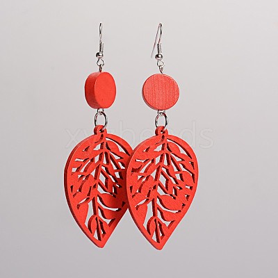 Trendy Leaf Wood Dangle Earrings EJEW-F0090-09D-1