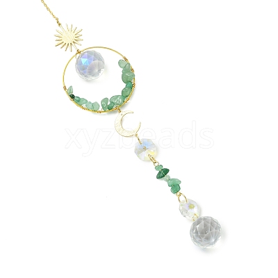Glass Beads &  Natural Green Aventurine Chip Beads & Brass Hanging Suncatchers HJEW-JM04994-04-1
