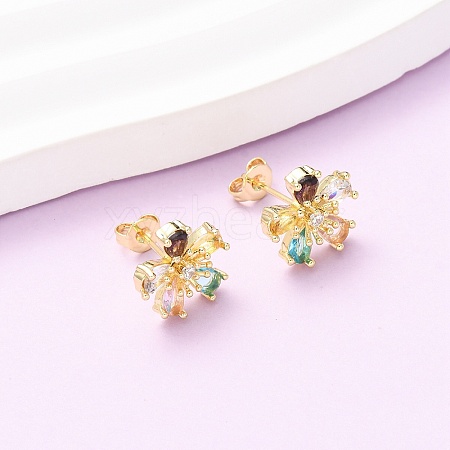 Brass Micro Pave Cubic Zirconia Flower Stud Earrings EJEW-H174-01A-G-1