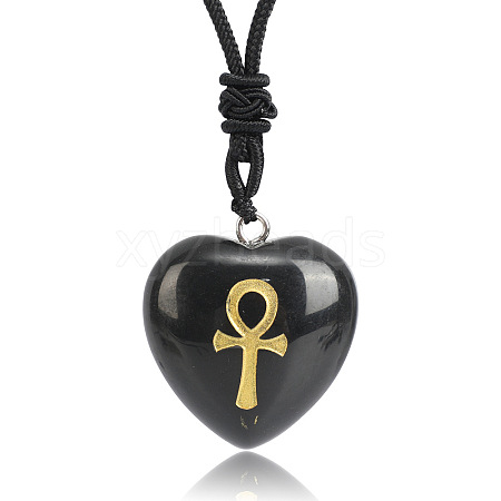 Natural Obsidian Heart Engraved AnKh Cross Pendant Personalized DIY Necklaces SC1205-5-1