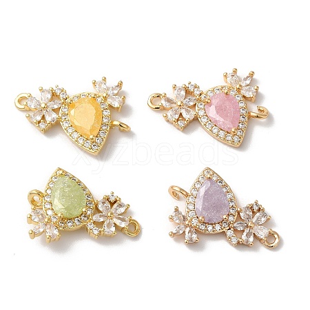 Brass Pave Clear Cubic Zirconia Flower Teardrop Links Connector Charms KK-C062-014G-1