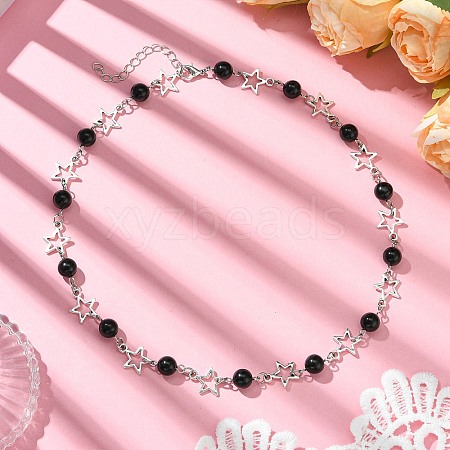 Star Alloy & Round Natural Eyeless Obsidian Link Chain Necklaces for Women NJEW-JN05135-1