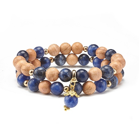 Natural Sodalite & Wood Round Beads Stretch Bracelets Set BJEW-JB07165-04-1