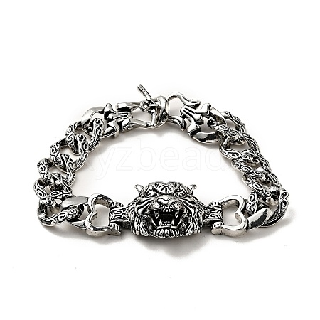 Men's Alloy Tiger Head Link Bracelet with Curb Chains BJEW-A129-07AS-1