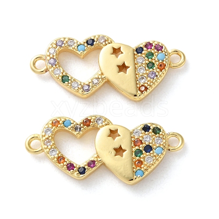 Rack Plating Brass Cubic Zirconia Double Heart Connector Charms KK-C084-32A-G-1