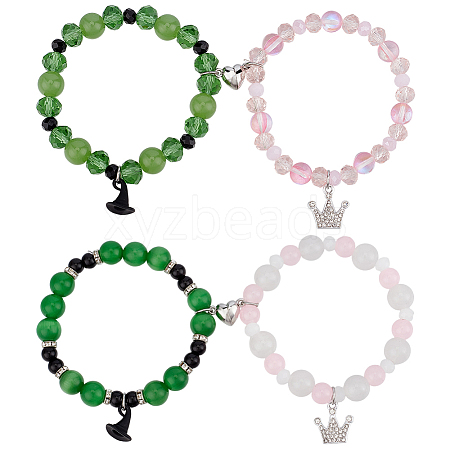 4Pcs 4 Styles Witch Hat Crown Alloy Charm Glass & Synthetic Moonstone & Cat Eye Beaded Stretch Bracelet Sets BJEW-PH01982-1