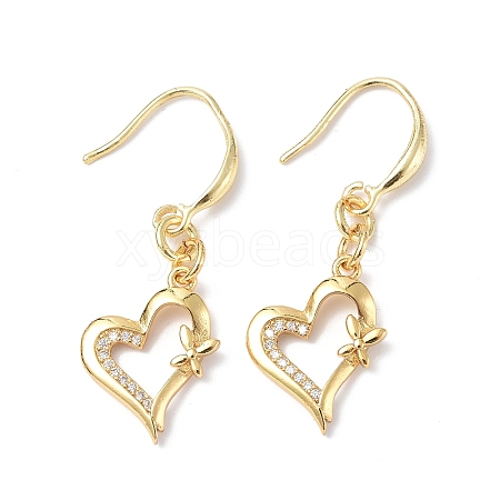 Clear Cubic Zirconia Heart with Butterfly Dangle Earrings EJEW-B017-09G-1