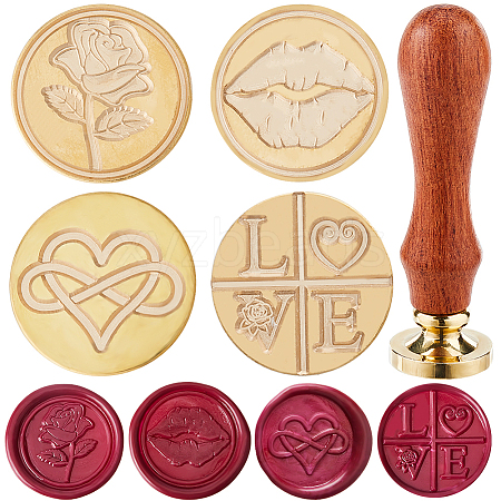 CRASPIRE 4Pcs 4 Styles Valentine's Day Theme Golden Tone Brass Wax Seal Stamp Head AJEW-CP0007-49A-05-1