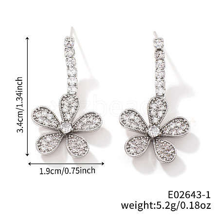 Shiny Flower Brass Clear Cubic Zirconia Stud Earrings for Elegant Western Style Women CS4467-1-1