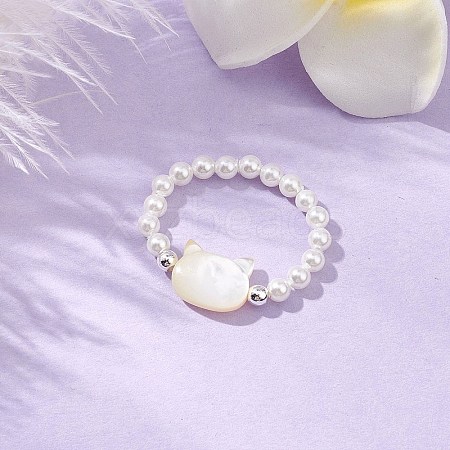 Cat Shaped Natural White Shell Beaded Stretch Finger Rings RJEW-TA00175-1