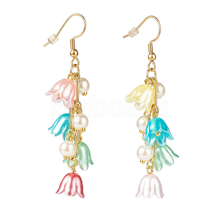 Plastic Flower with Brass Chains Long Dangle Earrings EJEW-JE04942-1