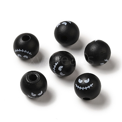 Printed Round Wood European Beads WOOD-M006-03-1