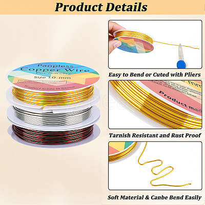 3 Rolls 3 Colors Round Copper Jewelry Wire CWIR-BBC0001-11-1