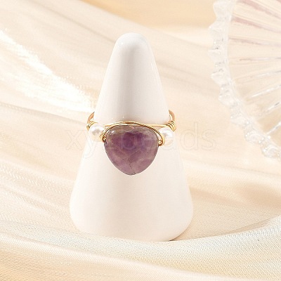Gemstone & Shell Pearl Copper Wire Finger Rings for Women RJEW-JR01110-1