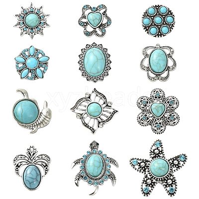 12Pcs 12 Styles Alloy Rhinestone & Resin Imitation Turquoise Snap Buttons BUTT-CJ0001-04-1