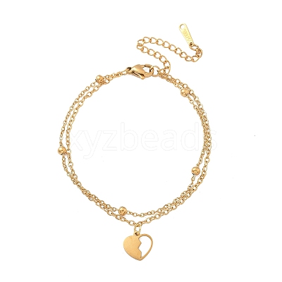 304 Stainless Steel Heart Charm Chain Bracelets BJEW-M097-01A-G-1