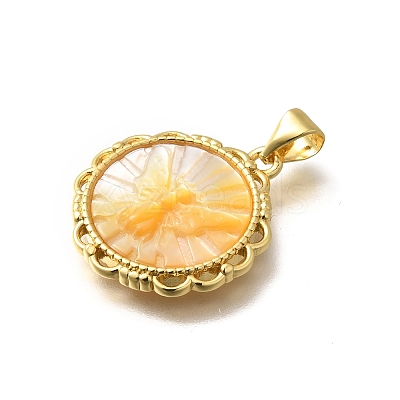Brass with Natural Shell Carved Pendants KK-Z091-01G-02-1