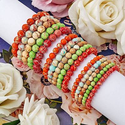 3Pcs 3 Size Natural Imperial Jasper Round Beaded Stretch Bracelets Set BJEW-SW00064-29-1