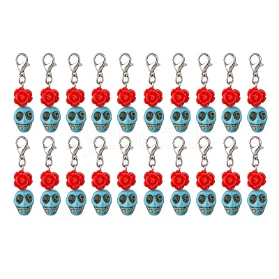Skull Synthetic Turquoise & Resin Rose Pendant Decorations HJEW-JM03999-1