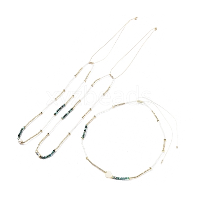 Adjustable Miyuki Seed & Natural African Turquoise & Brass Evil Eye Beaded Necklaces NJEW-O127-03-1