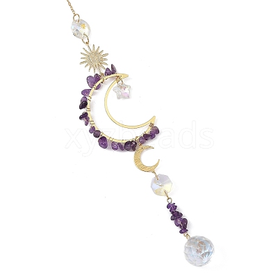 Natural Amethyst & Star Glass Beaded Suncatcher with Brass Sun Moon Charm HJEW-JM05016-02-1