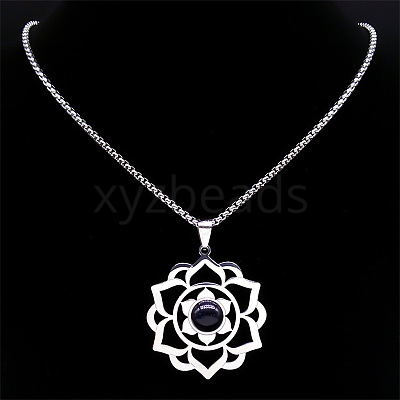 Chakra Lotus Flower 201 Stainless Steel Pave Synthetic Blue Goldstone Pendant Necklaces for Women NJEW-K283-26P-1