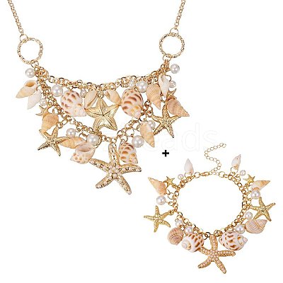 Trendy Shell Charm Bracelets & Bib Necklaces Sets SJEW-PH0001-01-1