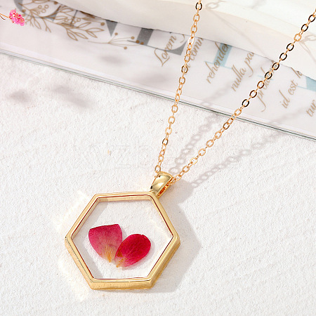 Bohemian Natural Dried Flower Hexagonal Geometric Transparent Glue Necklace Plant Floral Pendant ST8498454-1