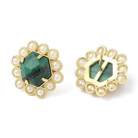 Ion Plating(IP) Natural Malachite Hexagon Stud Earrings with Plastic Pearl Beaded EJEW-E287-01G-01-1