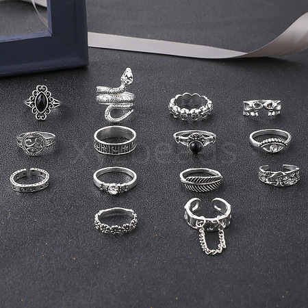 14Pcs 14 Style Rhombus & Eye & Snake & Elephant & Feather & Yoga Theme Rhinestone Finger Rings Set FIND-PW0009-01-1