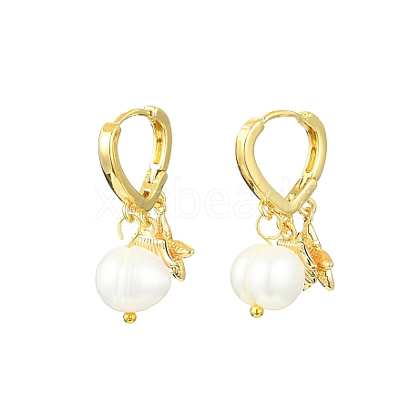 Starfish & Shell & Natural Pearl Drop Huggie Hoop Earrings EJEW-SZ0001-61-1